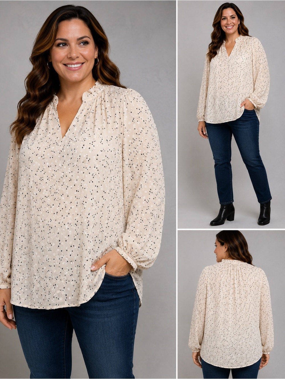 Hilary Radley XL Cream Black Sheer Ruffle Neck Blouse Long Sleeve